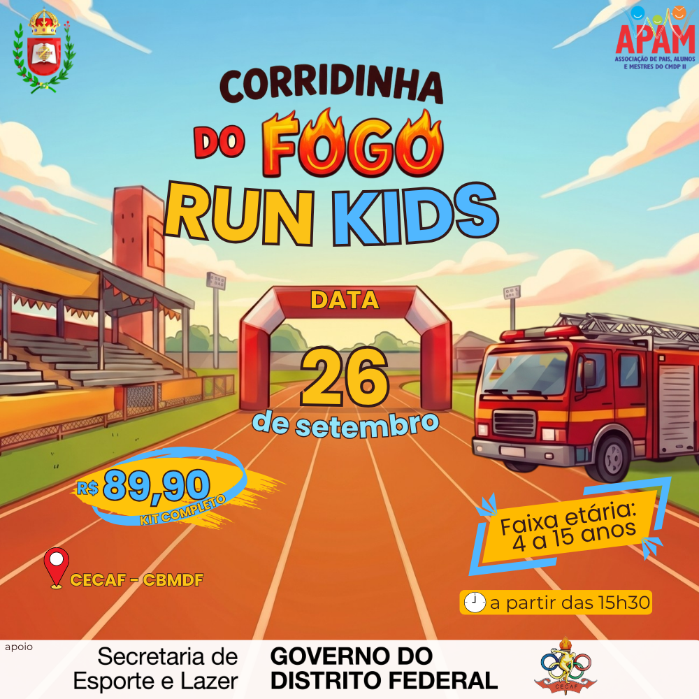 Cartaz da Corridinha do Fogo – Run Kids 2026, com data, horário e local do evento
